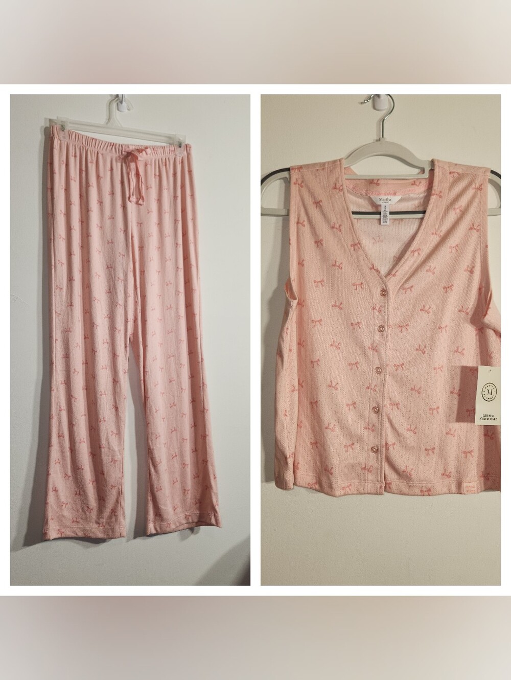 Martha Stewart Pink Bow Print Sleep Set - Soft Knit Pajamas. Medium. NWT